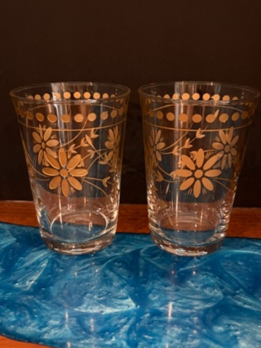 Pair Pasabahce Gold Painted Etched Daisy Flowers 8oz Juice Glasses